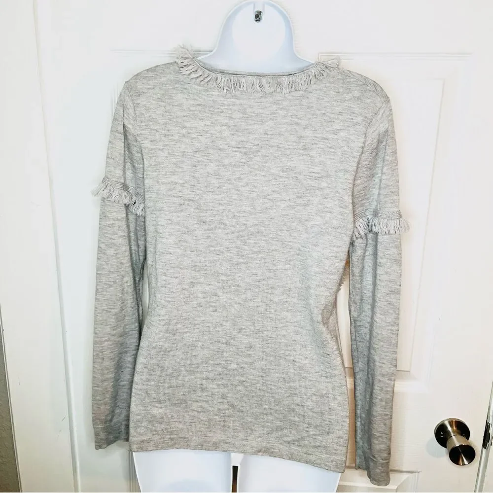 One Grey Day Long Sleeve VNeck Fringe Trim Wool Blend Sweater Lightweight Gray M